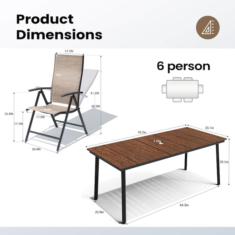 7PC Outdoor Patio Dining Set With Umbrella Hole Table Adjustable Folding Chairs - N/A