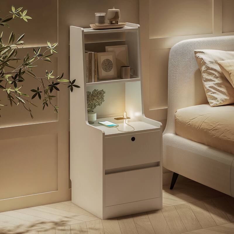 Modern Nightstand with Charging Station, Night Light, and Storage Cabinet