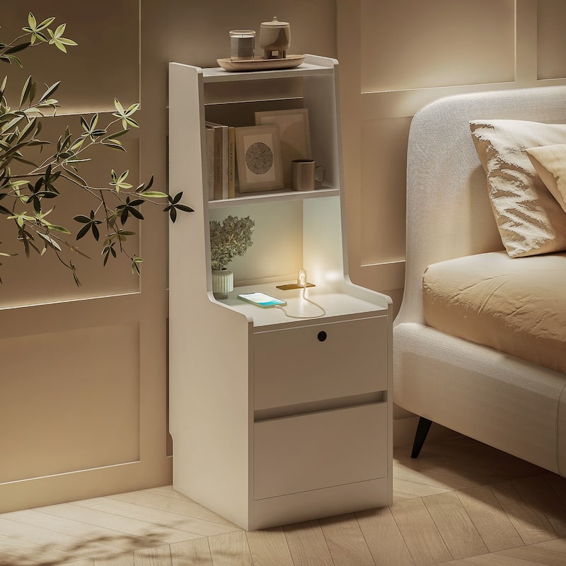 Smart Nightstand with Night Light and Charging Station, Sofa Side Table with Bookshelf, Coffee Table with 2 Storage Drawers