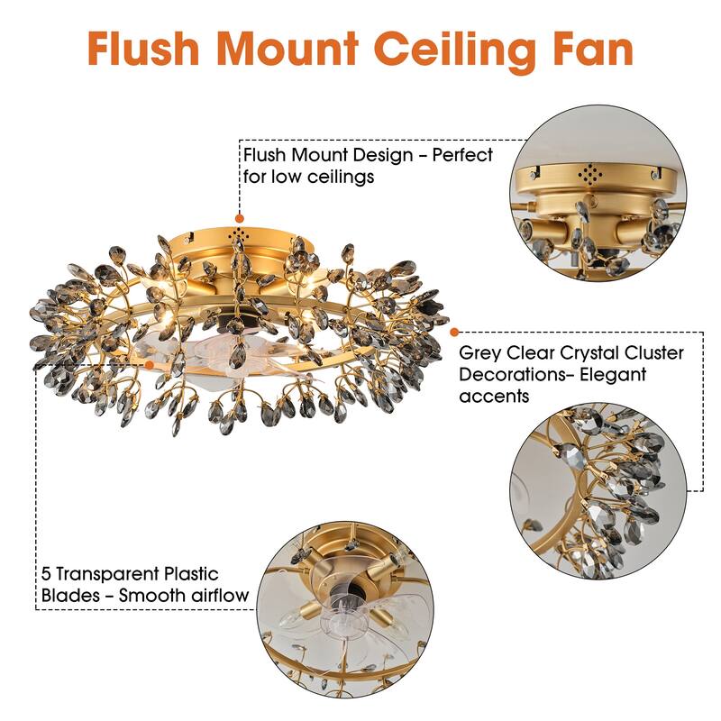 23" Modern Gold 4-Light Grey Crystal Low-Profile Flush Mount Ceiling Fan with Remote