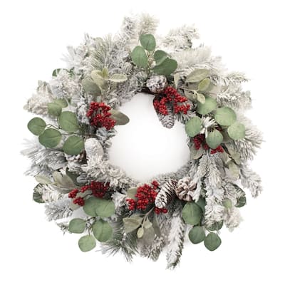 Flocked Pine Eucalyptus Berry Wreath 28"D - Green, Red