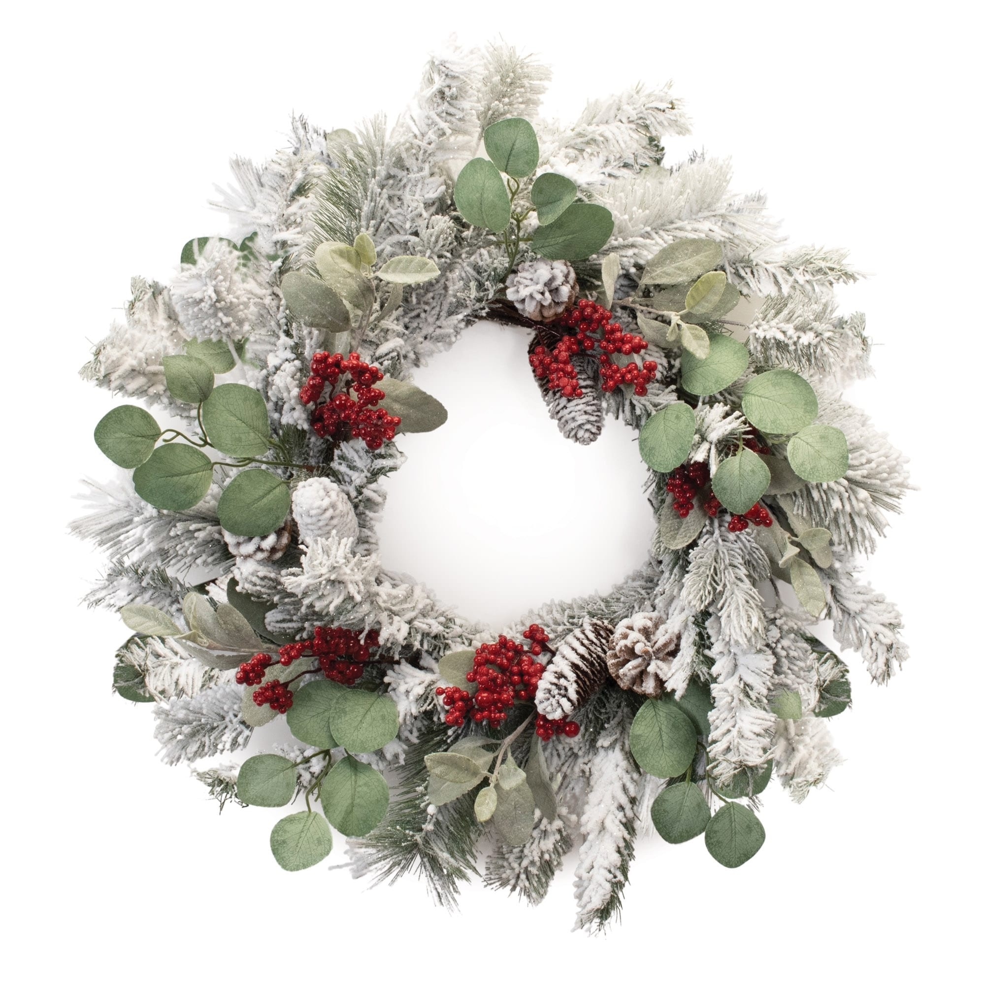 Flocked Pine Eucalyptus Berry Wreath 28"D - Green, Red