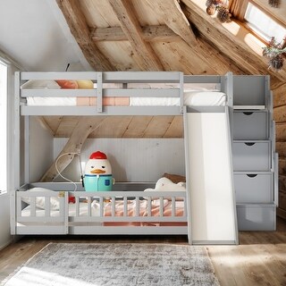 Pine Solid Wooden Twin Over Full Bunk Bed with Slide,Storage Staircase