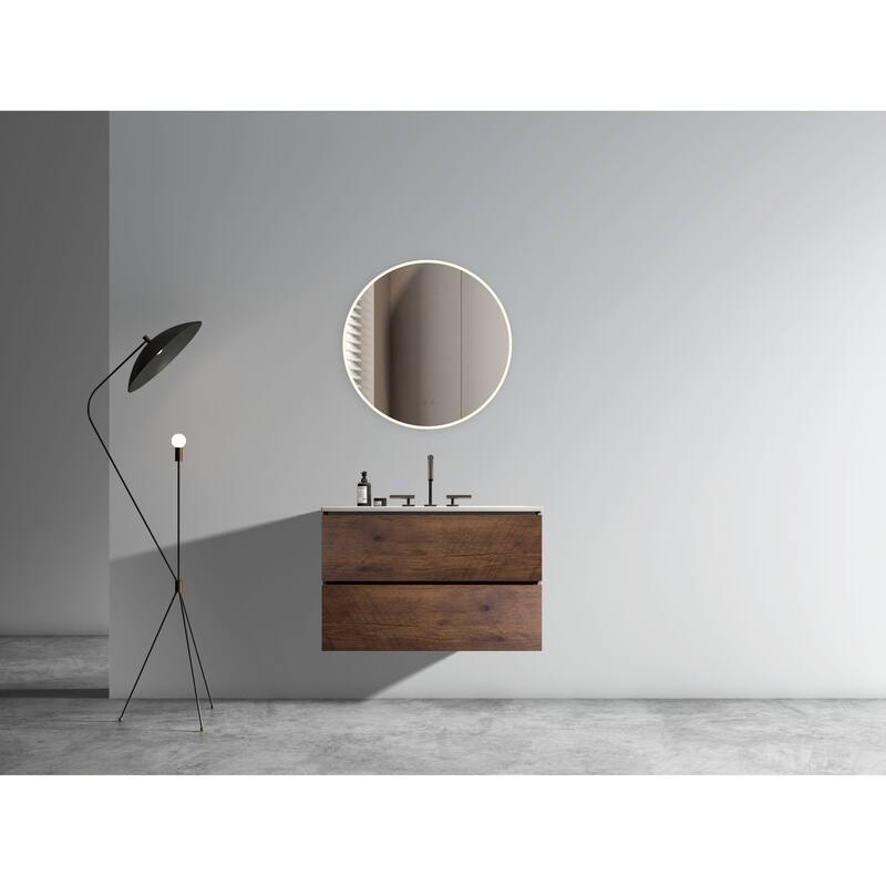 36-Inch Wall Mount Bathroom Vanity in Space Grey with Ceramic Sink, Large Storage