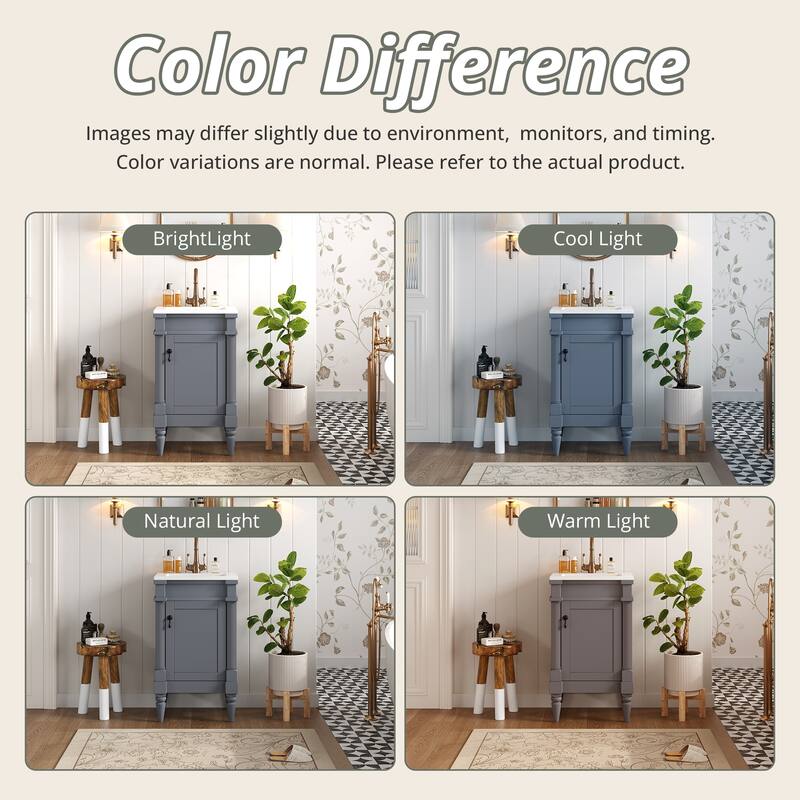 Roomfitters 18 Inch Bathroom Vanity with Sink, Freestanding Small Space Vanity Cabinet with Ceramic Basin and Adjustable Shelf