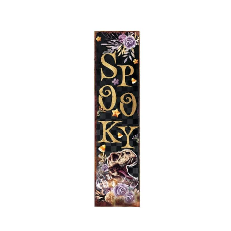 HomeRoots 36" Black Gold And Purple Solid Wood Spooky Halloween Skull Porch Sign
