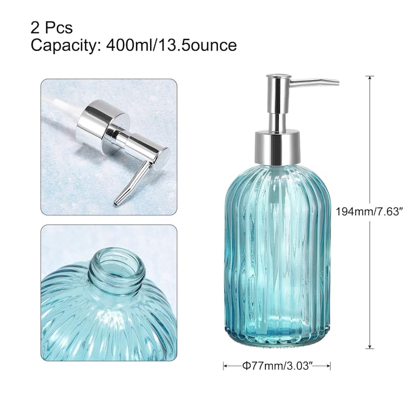 Soap Dispensers Set - 2 Pack 13.5Oz Glass Dish Hand Soap Dispenser with Silvery Pump for Kitchen Bathroom - Blue