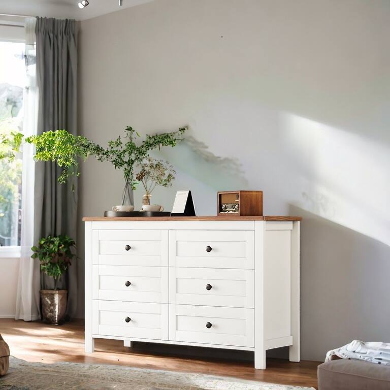 Retro Farmhouse Style Wooden Dresser with 6 Drawers, Storage Cabinet for Bedroom