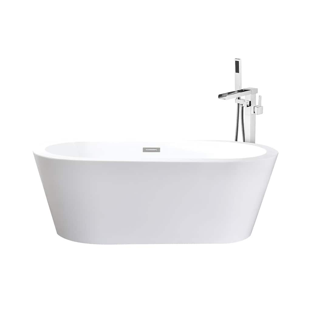 Lure White Freestanding Acrylic Flatbottom Soaking Bathtub with Chrome Hardware and Cascata Tub Filler