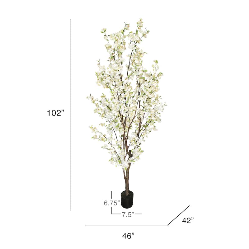8.5ft Cream White Artificial Cherry Blossom Flower Tree Plant in Black Pot - 102" H x 46" W x 42" DP