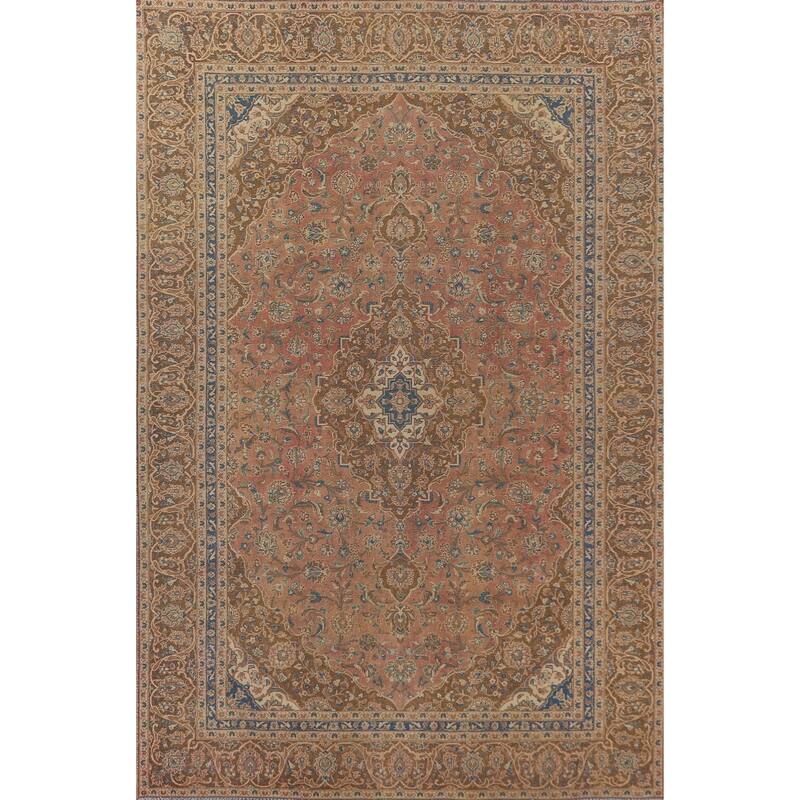 Traditional Pink Mashad Persian Vintage Rug Hand-Knotted Wool Carpet - 8'10"x 12'5"