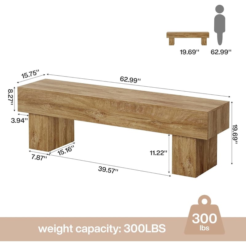 63“ Extra Long Dining Bench, Farmhouse Wooden Entryway Bench for Bedroom, Hallway, Light Brown