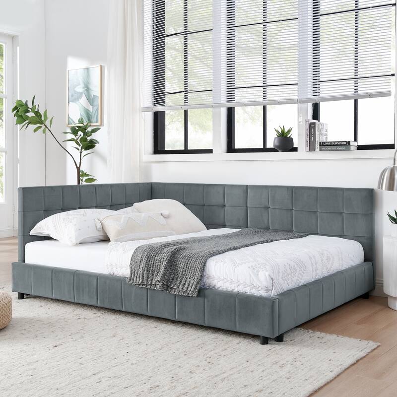 L-shaped Velvet Upholstered Daybed Tufted Sofa Bed with Soft Backrest Armrests - and Optional Corner Storage Day Bed