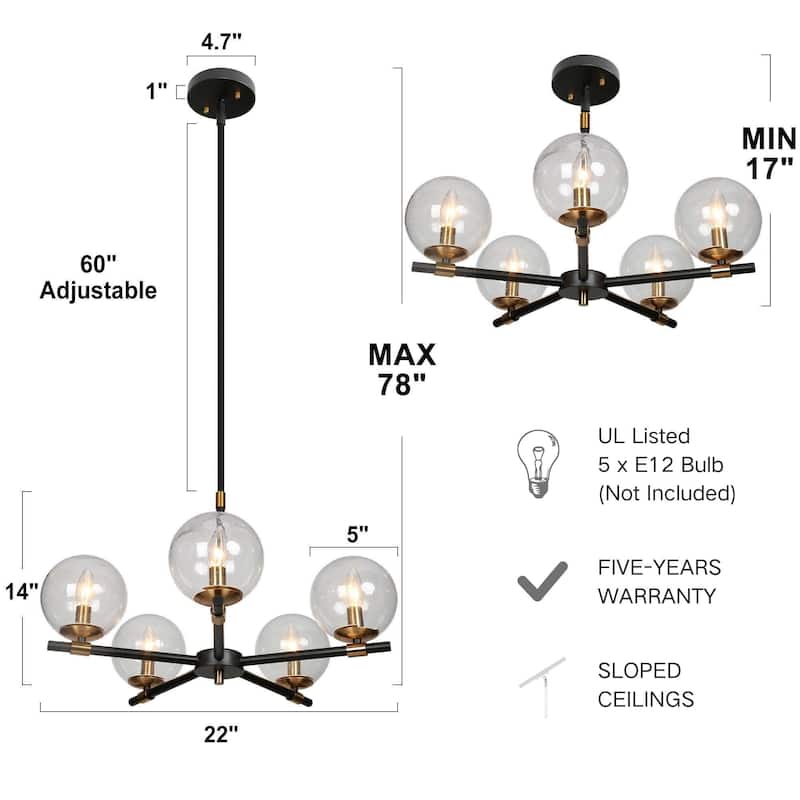 Modern 5-Light Black Gold Wheel Chandelier Globe Glass Pendant Lights for Dining Room - 22" D x 14" H
