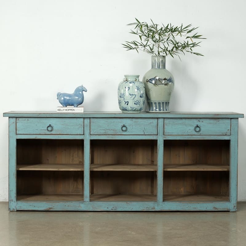 Approx. 91 Inches Wide Counter Table with Three Drawers Distressed Blue
