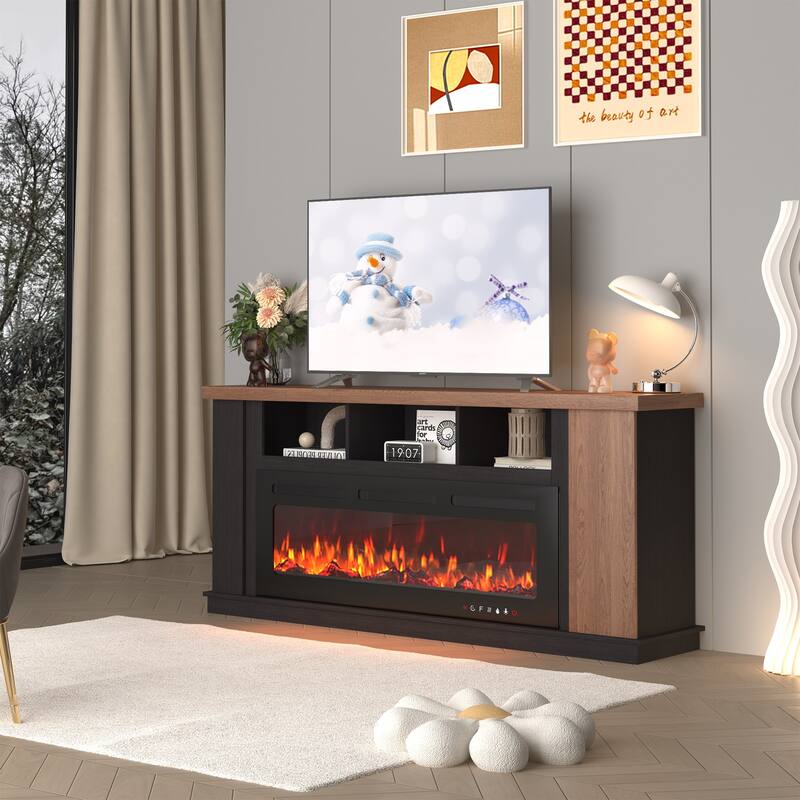 Traditional 70" TV Stand with 50" Electric Fireplace, Light Strips, Sockets, Open Shelves, and Cabinets for TVs up to 80" - Basic