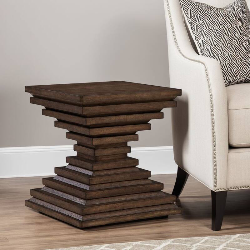 Reem Side End Table, Square Geometric Hourglass, 28 Inch Dark Brown