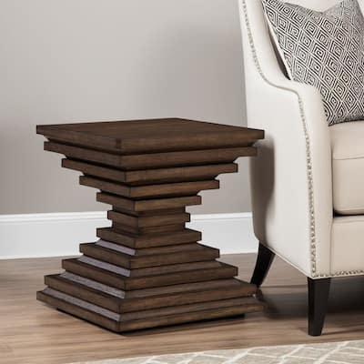 Reem Side End Table, Square Geometric Hourglass, 28 Inch Dark Brown