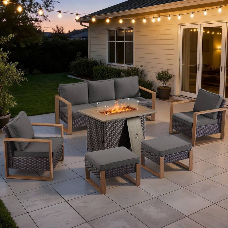 Meyreso Wicker Patio Conversation Set with Fire Pit Table & Olefin Cushions - Brown / Gray Cushions - 6-Piece