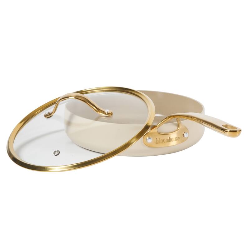 Bloomhouse 10 Inch Heavy Duty Aluminum Premium PFA Free Ceramic Nonstick Frying Pan Skillet with Lid - Almond Cream