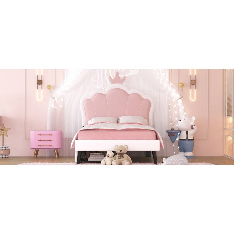 Crown Headboard Twin Platform Bed with 2 Storage Drawers, Ideal for Kids' Rooms