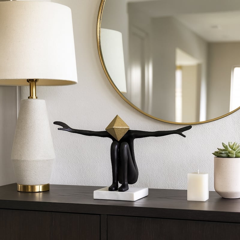 Abstract Metal Stone Head with Extended Arms Pose - 13" Black Gold - 13" x 5" x 8"