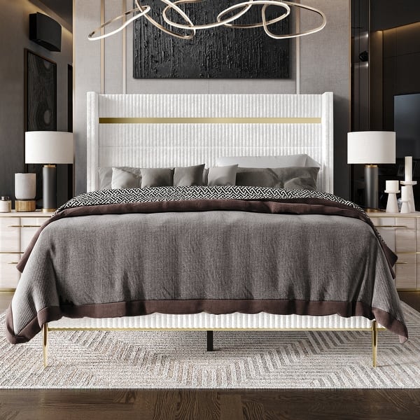CraftPorch Luxurious Gold PU Strip Wingback Velvet Upholstered Bed On