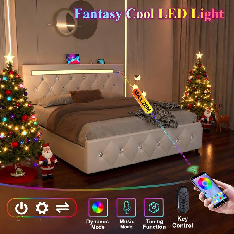 Queen Size Bed Frame with LED Light and Storage Drawers, PU Upholstered Bed Frame with Adjustable Headboard, Charging Station