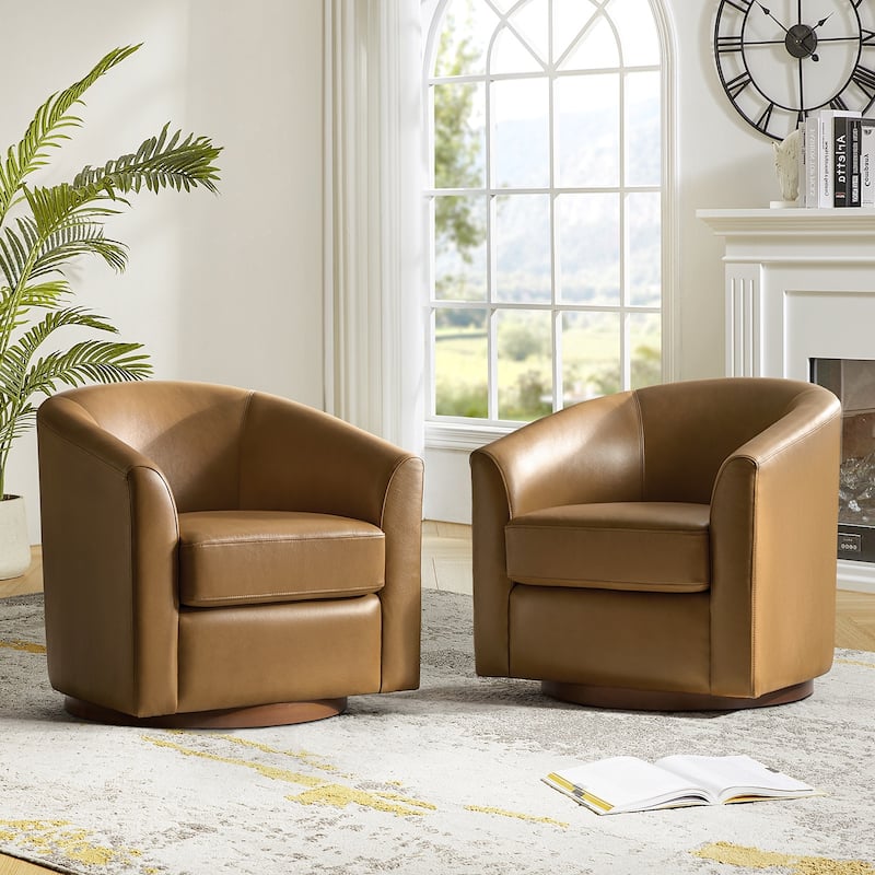 Althea Modern Genuine Leather Swivel Barrel Chair with Solid Wood Base Set of 2 By HULALA HOME - Camel