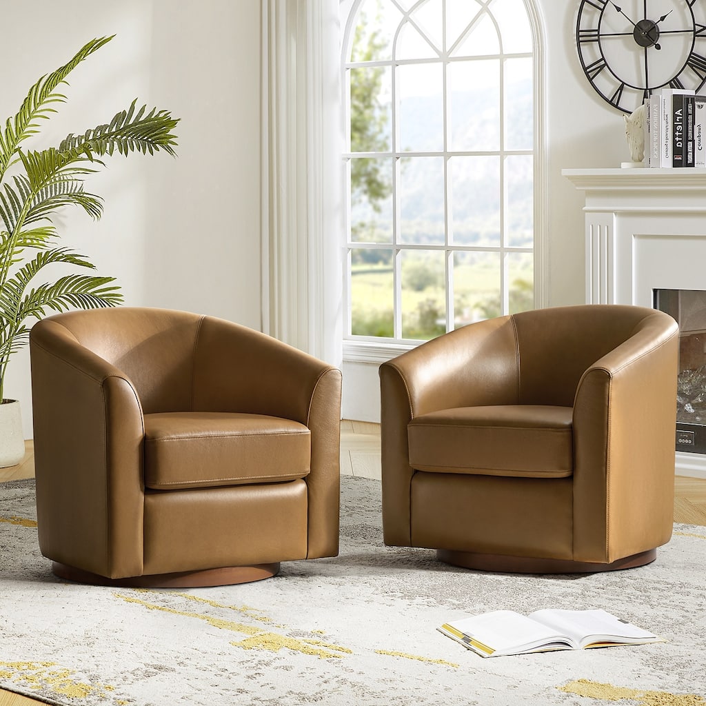 Althea Modern Genuine Leather Swivel Barrel Chair with Solid Wood Base Set of 2 By HULALA HOME
