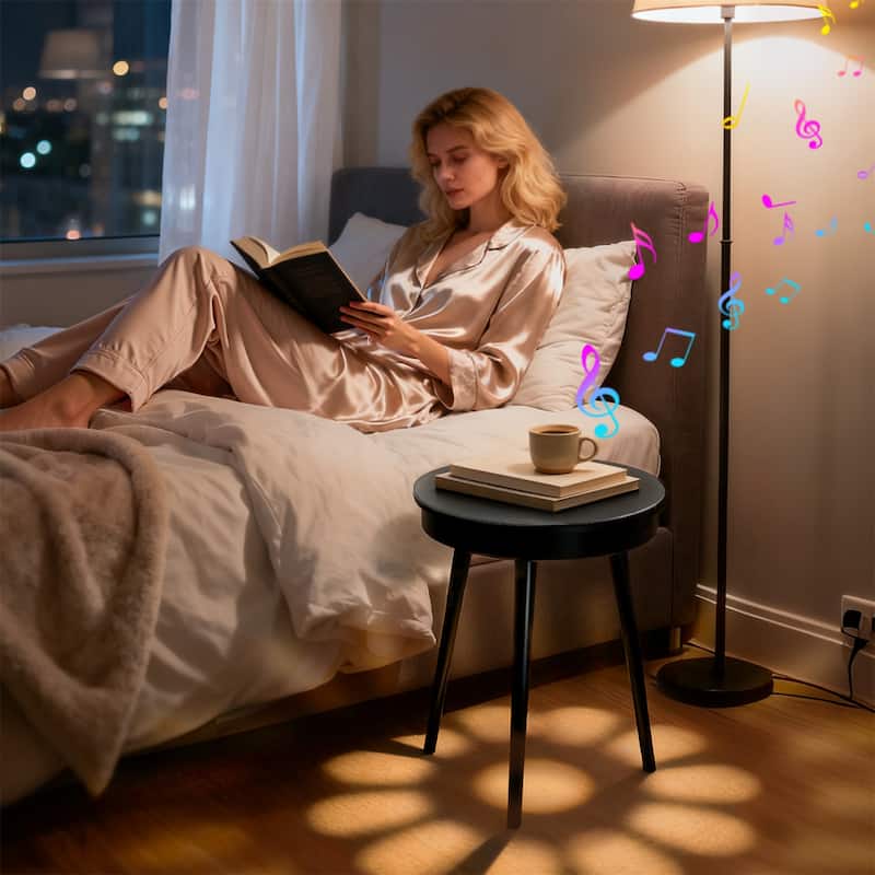 Round Smart End Table with Bluetooth Speaker Side Table LED Nightstand with USB Port