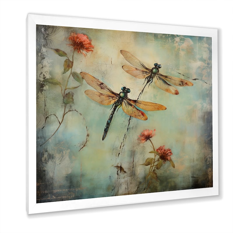 Designart "Vintage Painting Of Dragonfly Flying" Animals Dragonfly Framed Canvas Prints