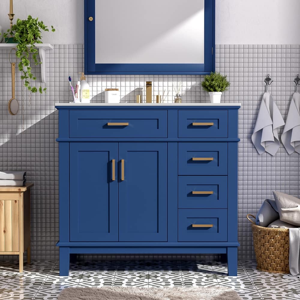 GDFStudio - Elysia Modern 36" Freestanding Bathroom Vanity with Ceramic Sink, Soft-Close Doors & 4 Drawers
