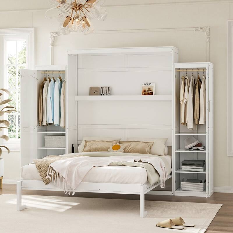 Full Size and Queen Size Murphy Bed, Wooden Queen Wall Bed with 2 Wardrobe and Storage Shelf