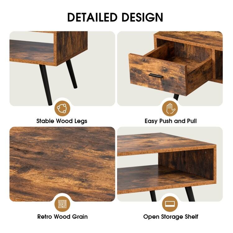 Mid-Century Coffee Table with Drawer and Open Shelf for Storage - 43" x 21.5" x 17.5"