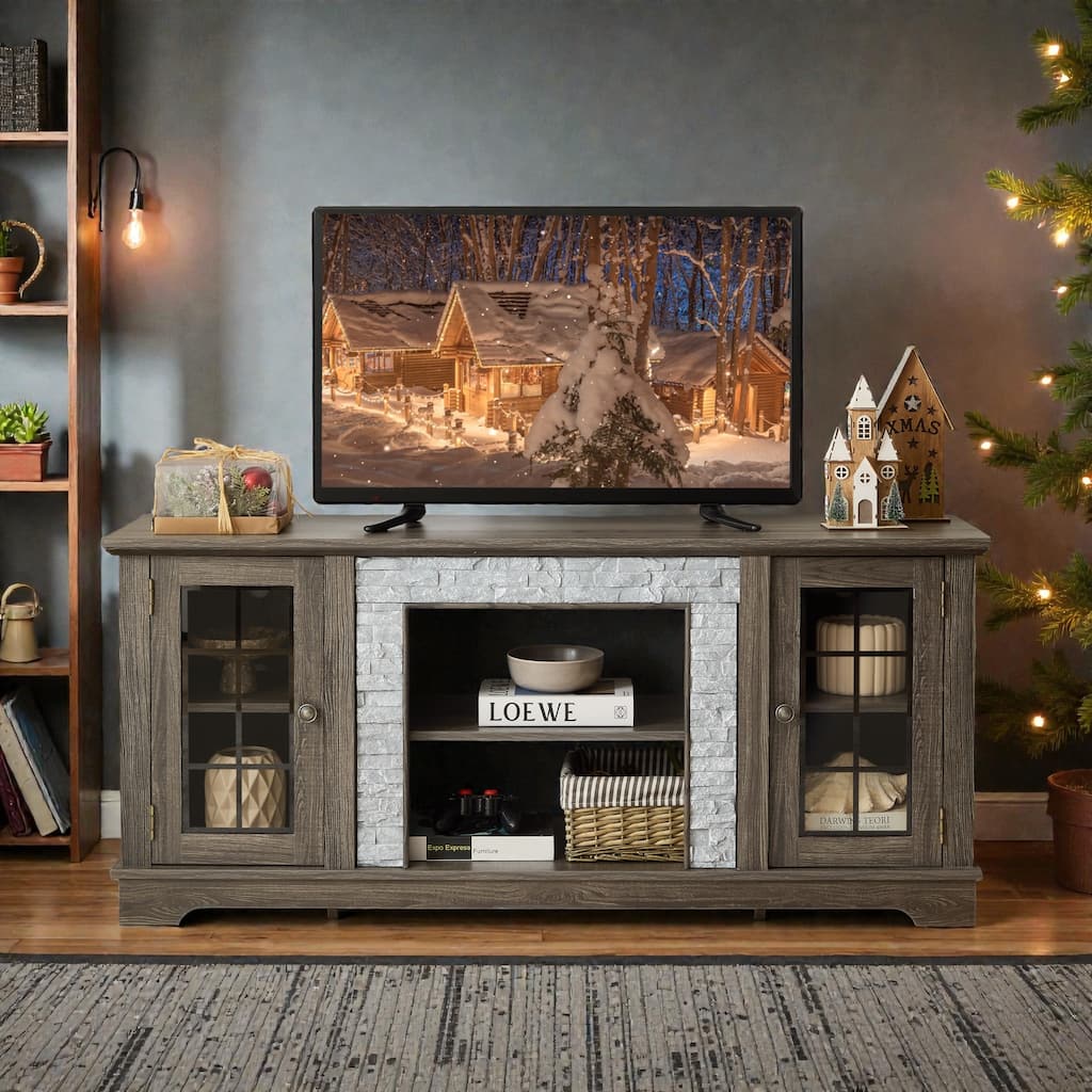 58" Modern TV Stand with Faux Stone Surround, Media Console Cabinet with 2 Doors and Shelves for TVs up to 75"