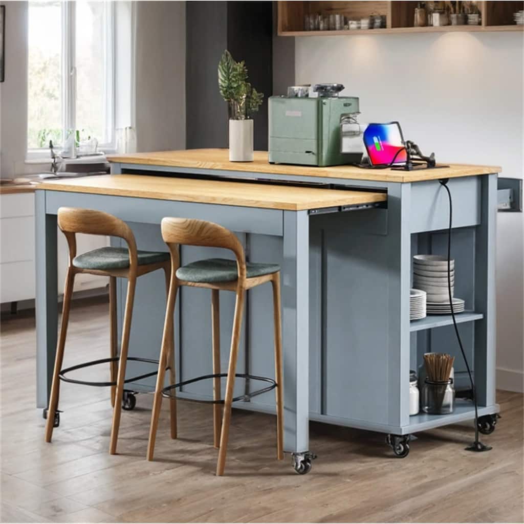 47" Wood Rolling Kitchen Island with Extendable Top,Rack,Power Outlet