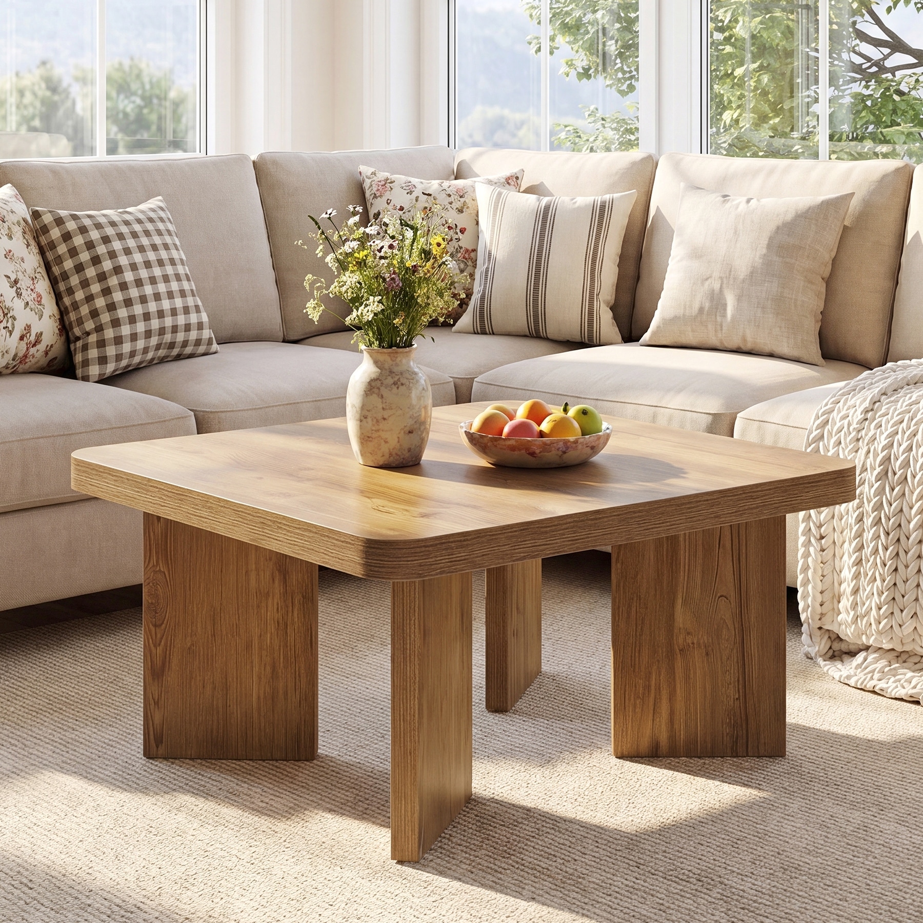 Square Wood Coffee Table, 31.5 Inch Farmhouse Small Center Table