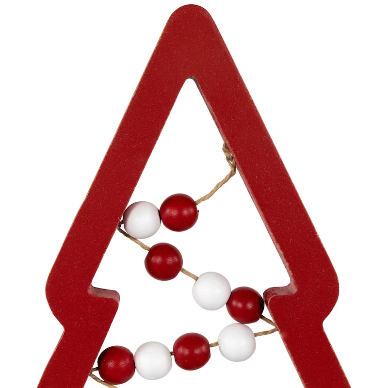 3 Red White Beaded Christmas Trees Wooden Table Decorations 11.75"