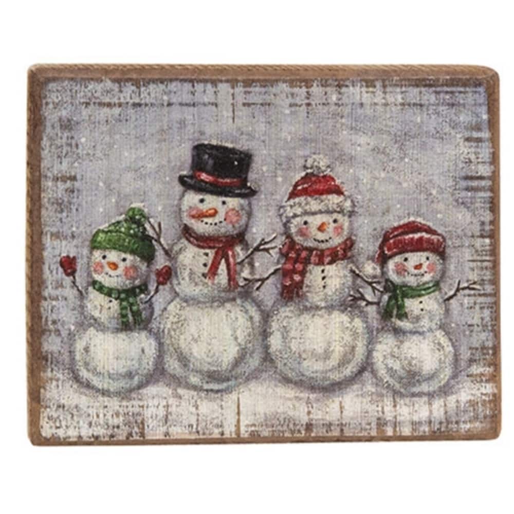 Rustic Distressed Wooden Snow Family Block Sign Winter Decor with Keyhole Hanger for Walls or Shelf - 4.75" H x 6" W x 1" D