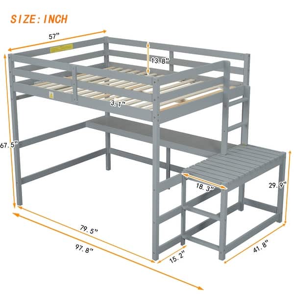 dimension image slide 0 of 2, Full Size Pine Wood Loft Bed Frame with Built-in Desk, Ladders, Guardrails for Kids Girls Boys, No Need Spring Box