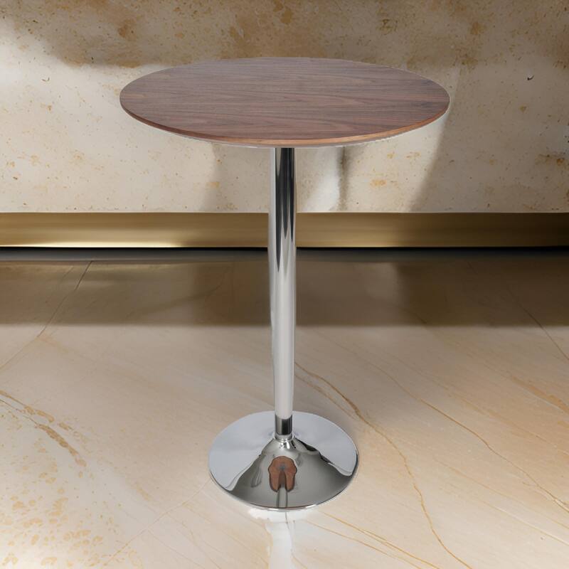 42 Inch High Bar Table, Walnut Brown Round Top, Modern Metal Pedestal Base