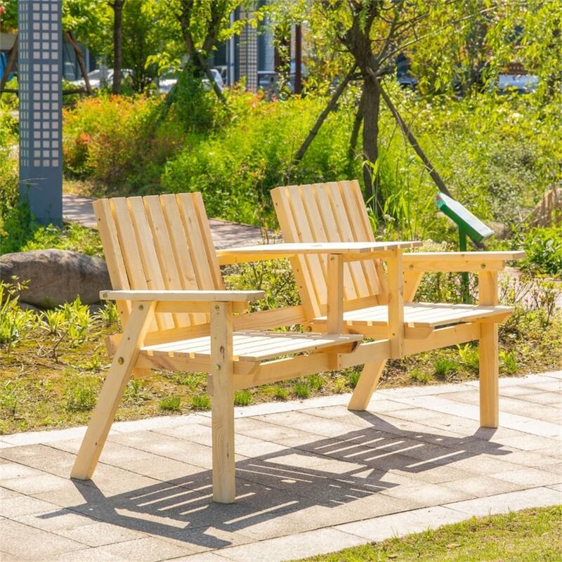 Fir Wood Outdoor Bench Set with Two Chairs and Coffee Table Slatted Design - 59.75" L x 27.5" W x 32.75" H
