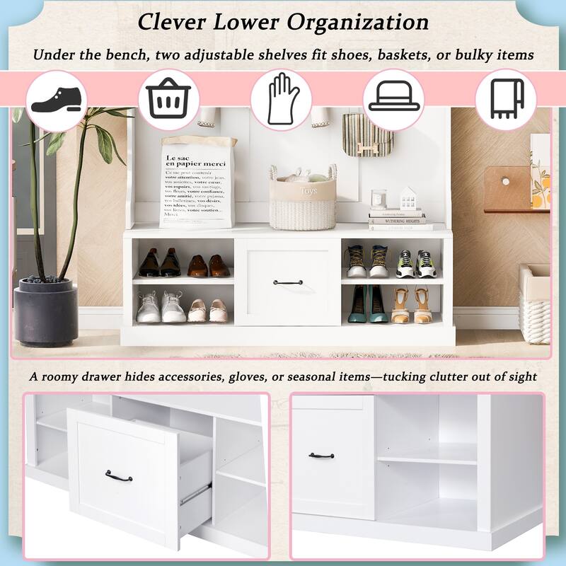 Storage Bench with Shoe Rack 57" Hall Tree Wood Coat Tree with 6 Hooks, Open Coat Hanger for Entrance, Living Room