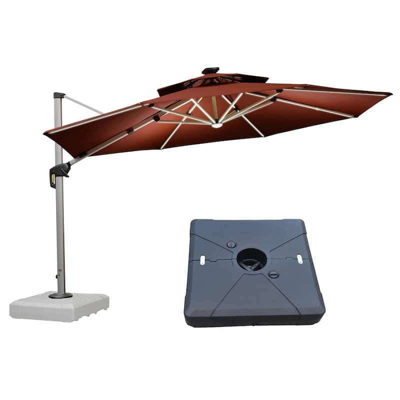 PURPLE LEAF 11 ft Double Top LED Round Patio Cantilever Umbrella with Base