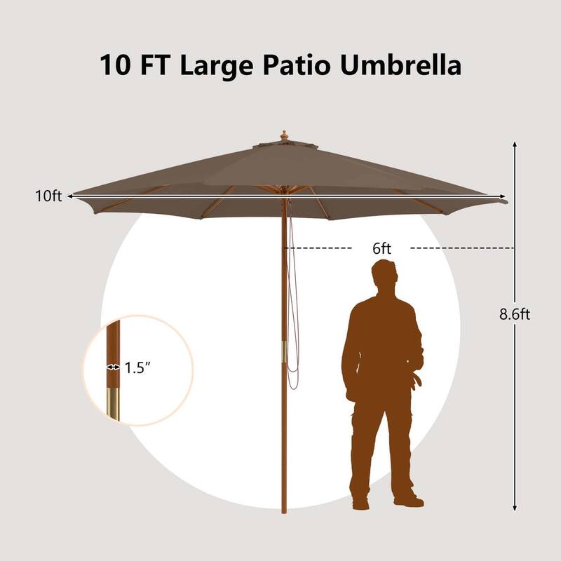 Gymax 10FT Wooden Market Table Umbrella Pulley Sunshade Canopy w/8