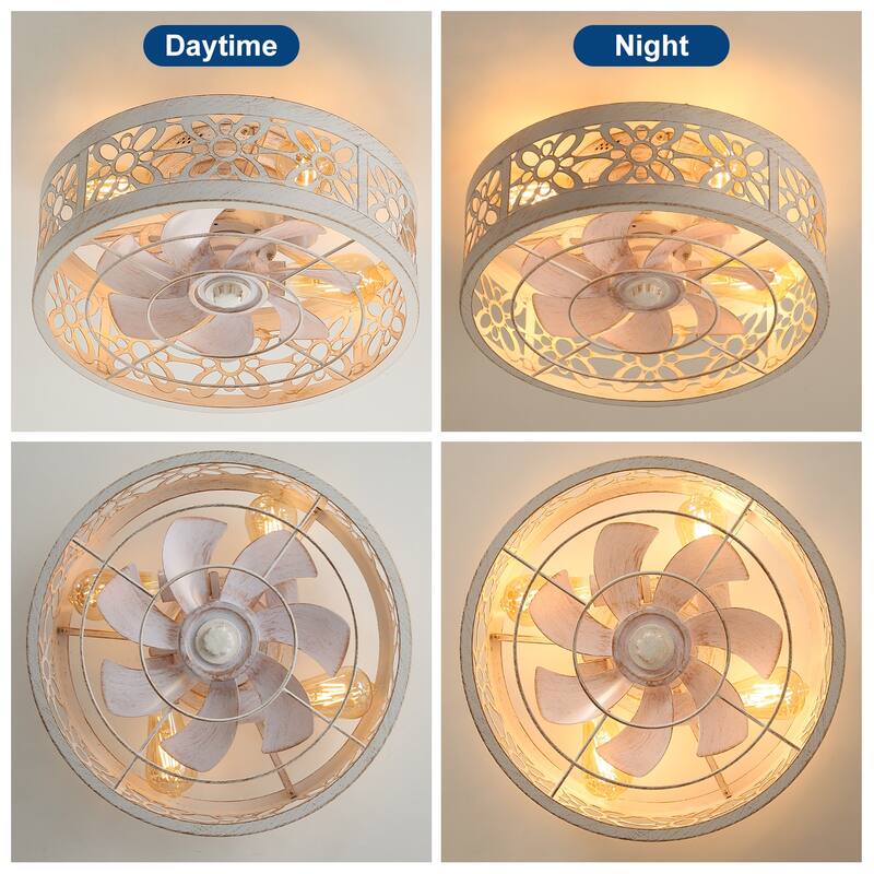 16.5in Vintage Distressed White Flush Mount Caged Ceiling Fan with Remote Light(7-Blade)