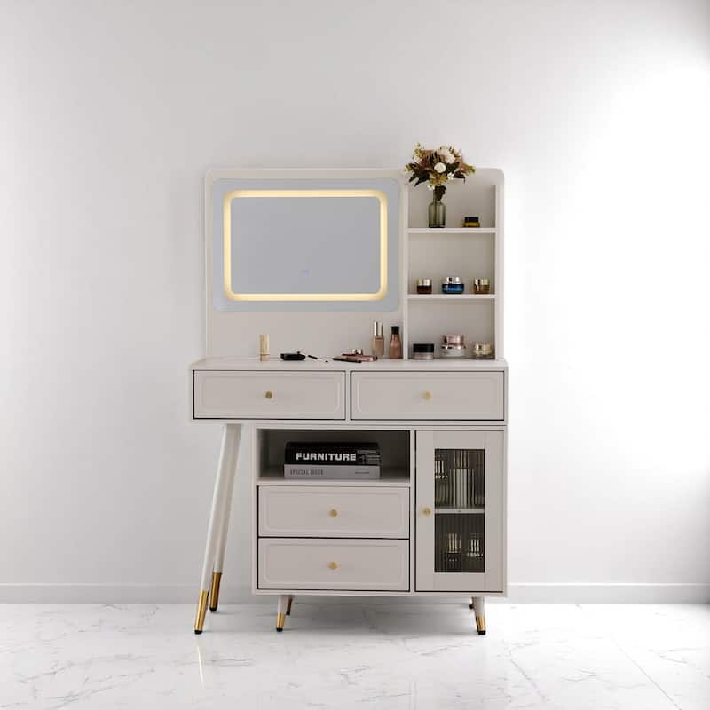 Makeup Vanity with Mirror, LED Light Modes, Built-in Charging Ports, Drawers & Cabinet, Compact Adjustable Desk