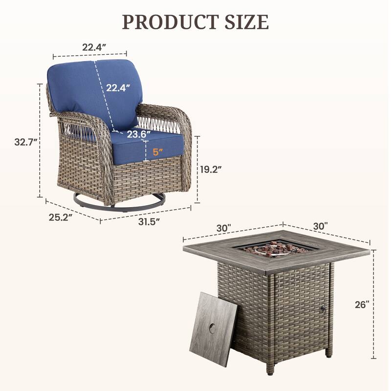 Pocassy Outdoor Sofa Ottoman Swivel Chair Table with Fire Table Funiture Set.