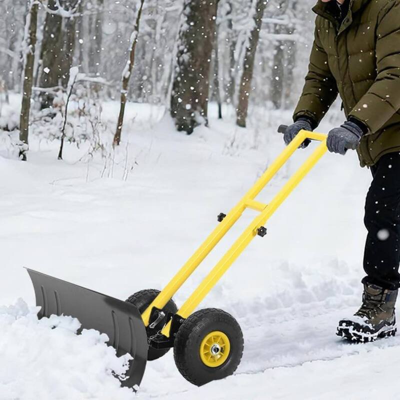 29.13x14 in Heavy Duty Rolling Snow Pusher Shovel for Driveway, Doorway, Sidewalk - Yellow